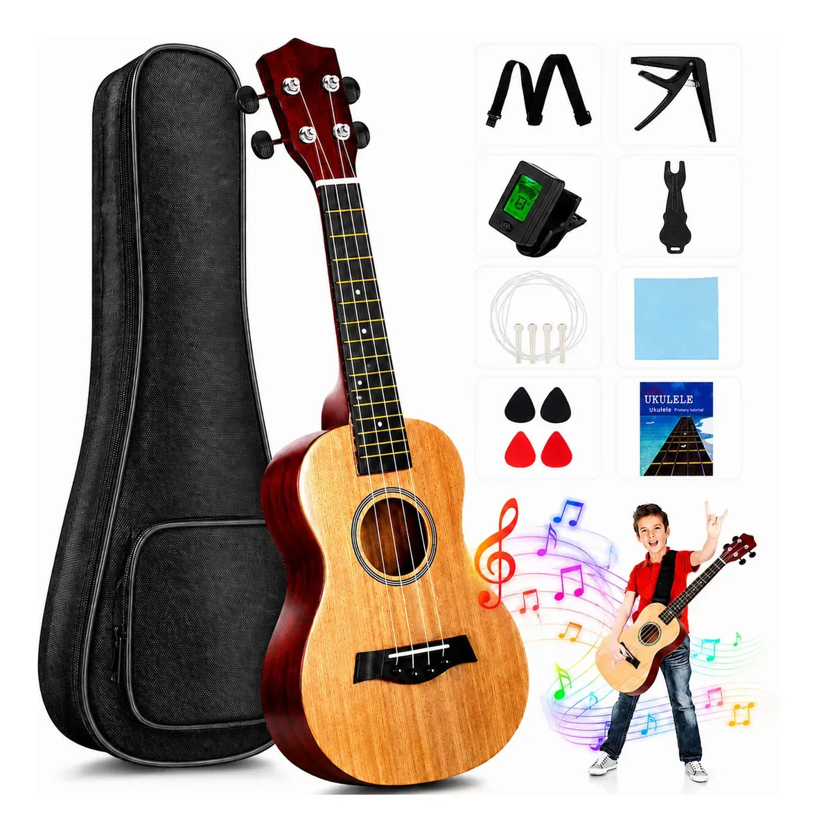 Ukelele Concierto Acustico Caoba 23 Pulgadas 4 Cuerda De Nylon Ukelele Para Principiantes Elección De Regalo, Bateria Acustica para Adulto Y Niños Con Afinador Correa Bolsa Púas Pa