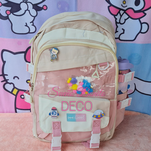 Mochila Escolar Kawaii Dnhe Classic Con Pins Y Pompones