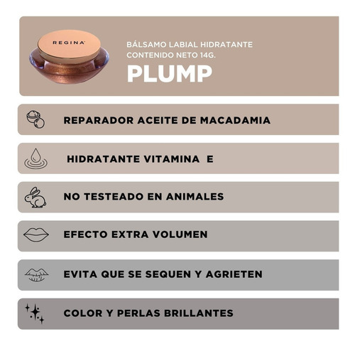 Bálsamo Labial Hidratante Regina Plump + Macadamia + Vit E