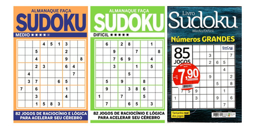 3 Livros Sudoku Só Números Grandes Médio/difícil 300 Página