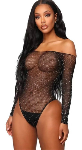 Body De Lencería  De Malla Transparente Negro Diamons