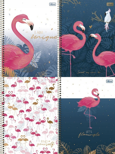 Kit 4 Cadernos Espiral Aloha Flamingo Flamingos 1 Matéria 