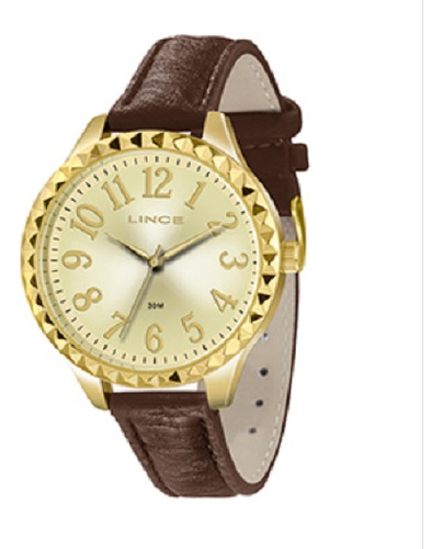Relogio Lince Feminino Dourado Grande Pulseira Couro Numeros