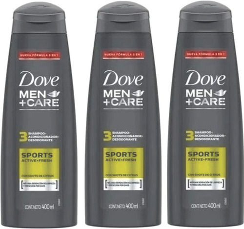 Dove Men +care Sports 3en1 Shampoo 400 Ml Pack X3