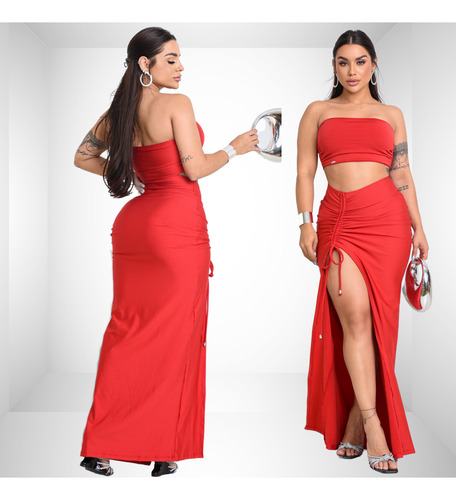 Top Faixa -cropped Tomara Que Caia E Saia Longa Colada Fenda
