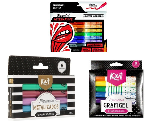 Kit De Plumones Metalicos + Glitter + Grafigel