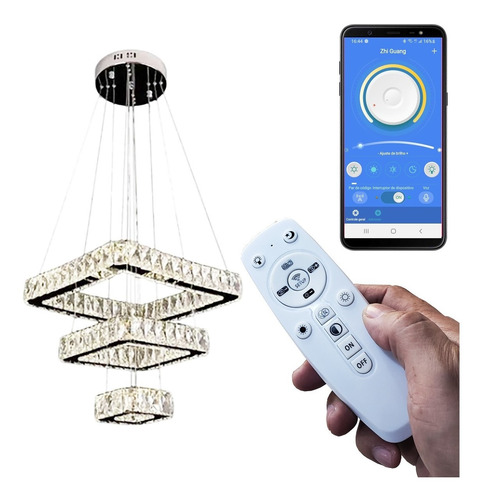 Lustre Pendente Cristal Led 3 Anéis+controle Remoto Quadrado