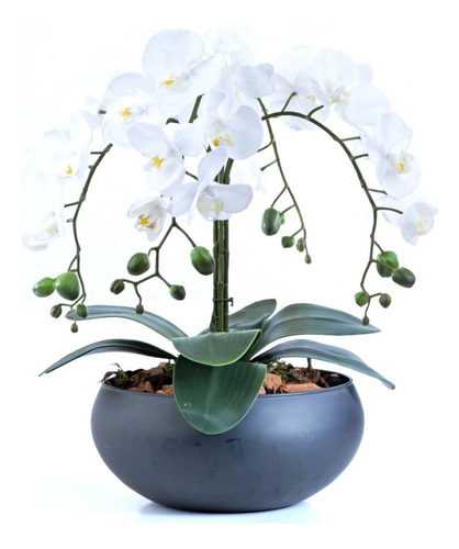 Arranjo De Orquídeas Artificiais Brancas Em Vaso Preto Fosco