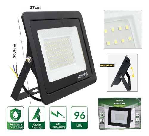 Refletor Led Branco Holofote Bivolt Alfacell 100w 96 Leds
