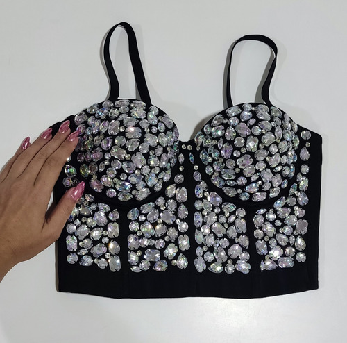 Top Corset Bustier Cristales Gemas Plata Fiesta Noche Import
