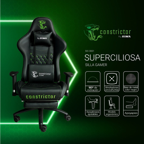 Silla de escritorio Constrictor Superciliosa SIC-3001 gamer ergonómica negra con tapizado de cuero sintético y poliuretano