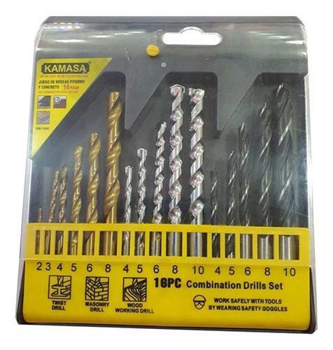 Juego De Brocas Para Madera Cemento Metal 16 Piezas Kamasa