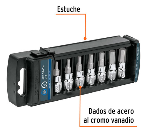 Juego 7 Dados Cuadro 3/8 Punta Hexagonal/milimetrico Truper