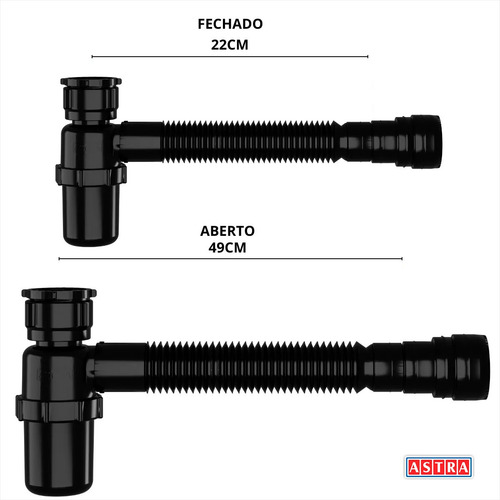 Sifão Sanfonado Universal Preto Com Copo 49 Cm Astra Kit 2