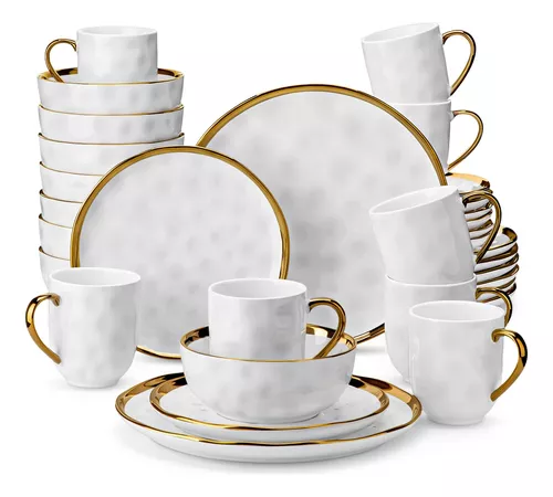 LOVECASA-vajilla completa de platos de porcelana blanca con adornos  dorados, plato de postre, plato de