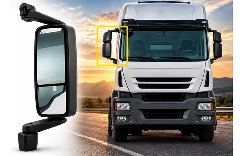 Retrovisor completo do lado direito e caminhão Iveco Tector branco ao fundo