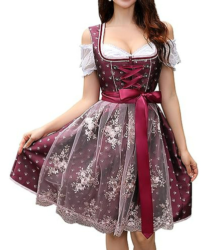 Vestido Dirndl Alemán Clearlove Para Oktoberfest, Rojo Vino 3xl