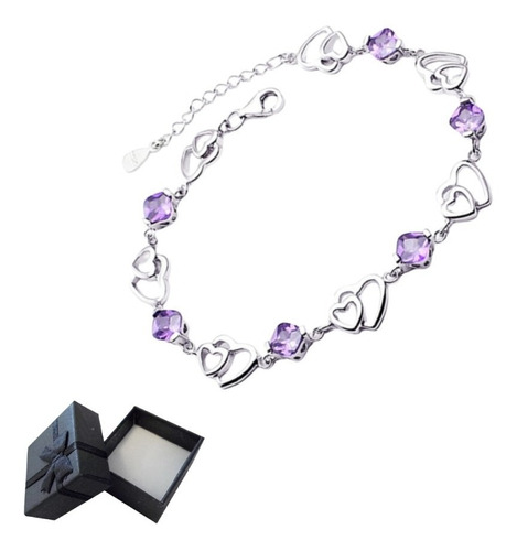 Pulsera Mujer Corazones Piedras Lilas Baño Plata 925 Regalo