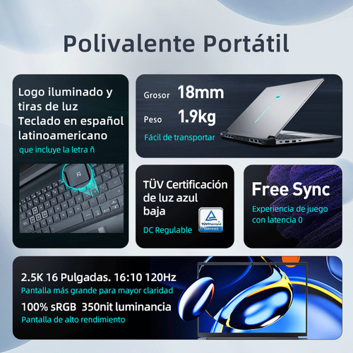 Notebook Laptop Machenike L16Air 16'' Gris 16 Gb RAM 512 Gb SSD 120 Hz 2560 Px X 1600 Px QHD Amd Radeon 680m Amd Ryzen 7 7735h Teclado En Español Windows 11 Pro Sistema Español Latino