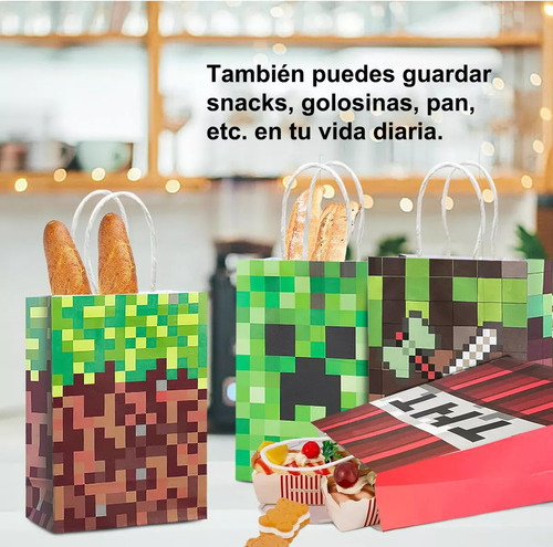 12 Bolsas Regalo Papel Fiesta Temática Minecraft Recuerdos Verde