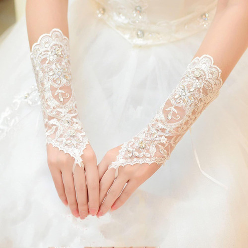 Guantes De Encaje Para Boda, Sin Dedos, Con Diamantes De Imi