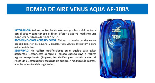 Imagen 4 de 6 de Bomba De Aire Para Acuario Venus Aqua Ap-308a