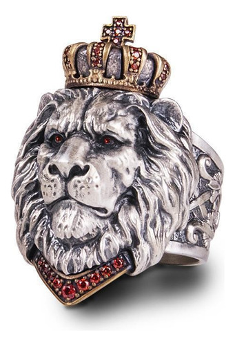 Anillo De Plata Acero Al Titanio Con Forma De León Y Corona