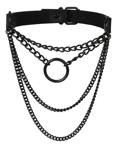 F Gargantilla Cadenas Negras Y Cuero Sintetico Gotico Punk