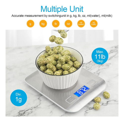 Bascula Digital Cocina Inoxidable 5 Kg/1g Lcd Multifuncional Plateado 5 Kg