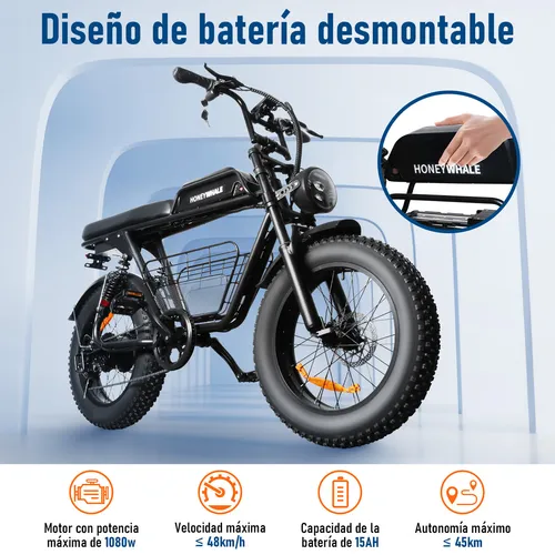 Honey Whale K7 Bicicleta Eléctrica para Adultos, Moto Bicicleta de Montaña  de 7 Velocidades, Potencia del