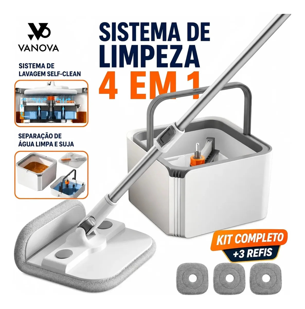 Mop Plano com Balde VANOVA Sistema de Separação de Água Limpa e Suja 3 Panos de Microfibra Uso Seco e Úmido Cabo Ajustável de 110 a 130 cm e Base de 32 cm!