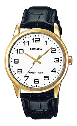 Reloj de pulsera Casio Enticer MTP-V001 de cuerpo color dorado, analógico, para hombre, fondo dorado, con correa de cuero color marrón, agujas color dorado, dial negro, minutero/segundero negro, bisel color dorado y hebilla simple