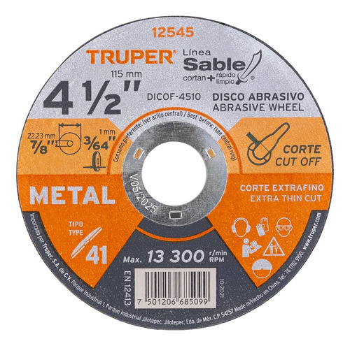 Disco 41, Corte Fino Metal, Sable 4-1/2',1mm Truper 12545