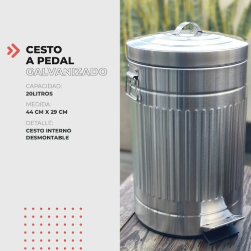 Imagen 2 de 4 de Cesto Tacho Basura Pedal 20 Lts Vintage Galvanizado