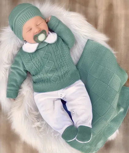Saída De Maternidade Em Tricô Menino Verde Oliva - Verde Oliva - 0 A 3 Meses