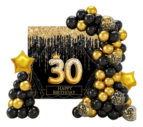 30 Cumpleaños Negro Oro Globo Fondo Kit Decoración Fiesta