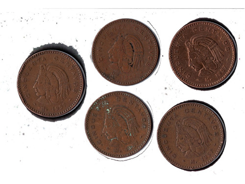 Moneda De 50 Centavos Cuahutemoc  Cobre  1957  5 Piezas