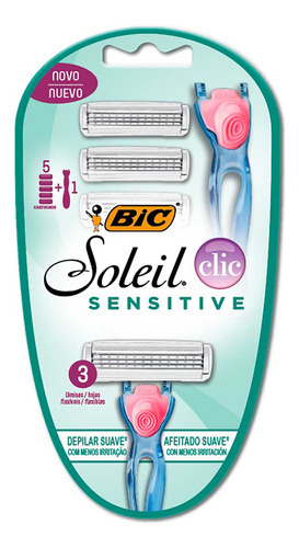 Cartuchos recarregáveis Shaver Shaver Shaver Bic Soleil Clic Sensitive 1 alça + 5 cartuchos