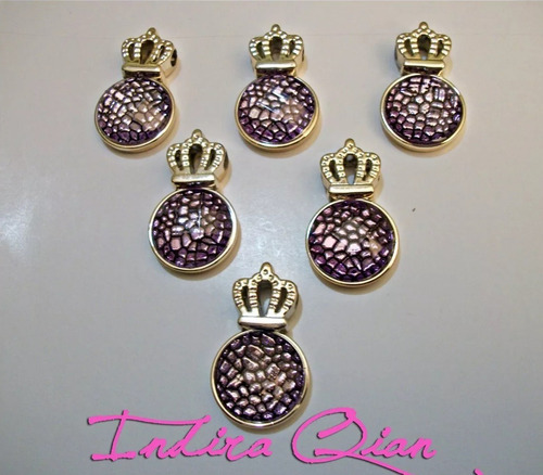 6 Dijes Coronitas Doradas Centro Color Fucsia Lila