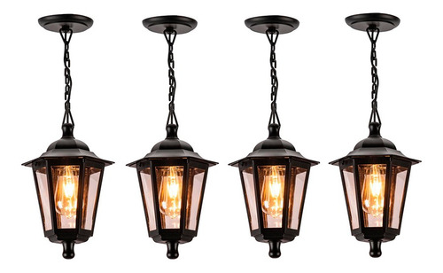 4 Pendente Lente Transp. Retro Externo E27 Preto Lup39