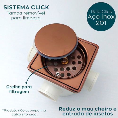 Porta Grelha Inox 304 E Ralo Click Rose Gold 10x10 Kit Banheiro Caixilho Suporte Com Ralo Inteligente Quadrado 10cm Tampa Caixa Sifonada Dona Dcor