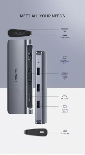 Adaptador Hub Tipo C 3.1 Rj45 Sd Usb Vga Hdmi 4k Pd Ugreen