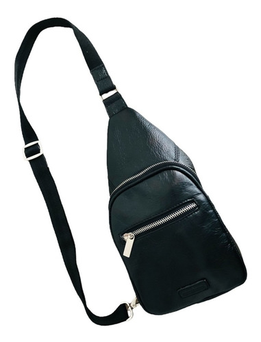 Pechera Negra En Cuero 100%, Modelo Capri, Mochila Bandolera