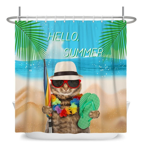 Cortina De Ducha Con Estampado De Gato Hello Summer.