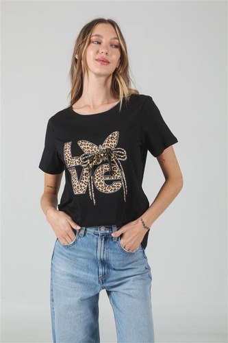 Remera Premium Estampada Love Moño Print Con Brillos Gu03526