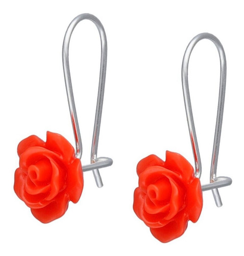 Aros Dama Colgante Flor Coral Naranja Plata Ley 925 Mas Caja