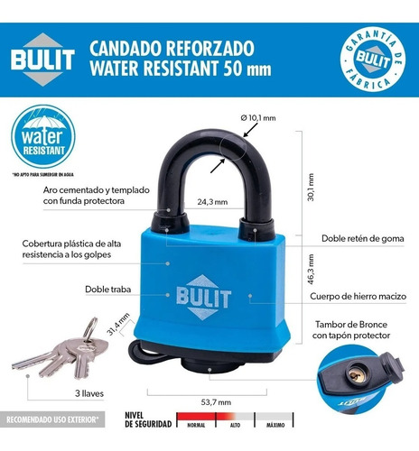 Imagen 4 de 10 de Candado Reforzado Bulit N° 40 Resistente Al Agua Gavatex