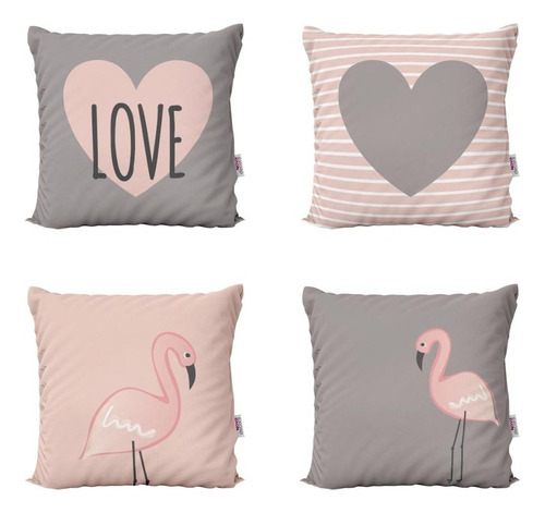 Kit 4 Capas De Almofadas Flamingos Love Decorativas 40x40