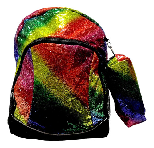 Mochila Colegio Con Lentejuelas + Cartuchera + Nenas Felices