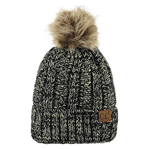 Gorro De Punto Trenzado Grueso Y Pompón De Pelo Sintético